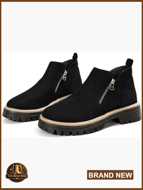 Shoes - Chunky Heel Ankle Boots Platform Lug Sole Round Toe Side Zipper Vintage